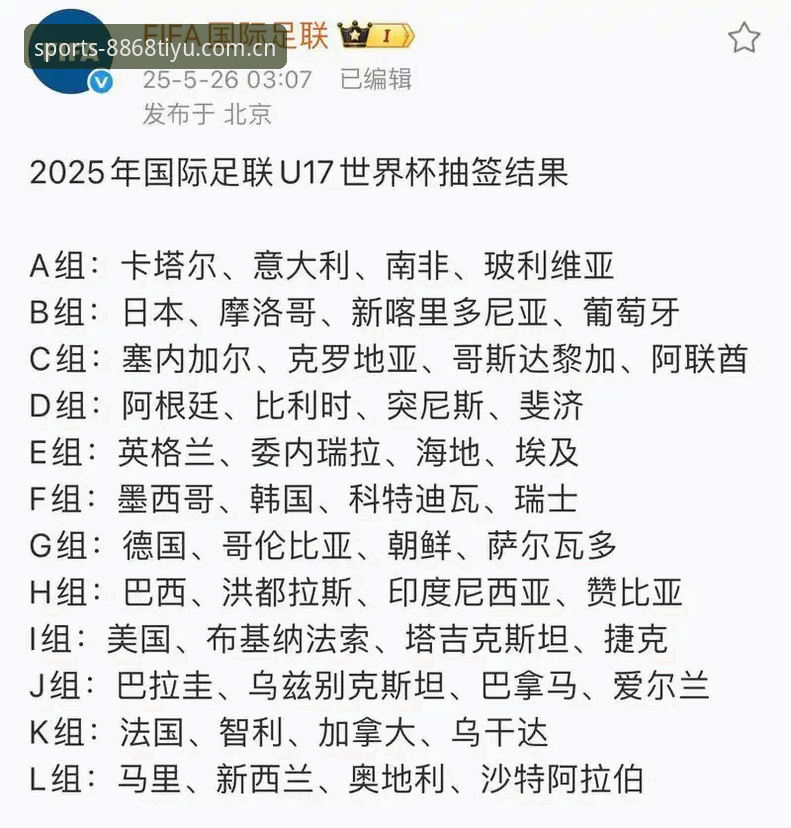 U17世界杯抽签结果出炉，8868体育平台观赛指南
